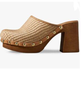 YDN Natural Platform Slip On Clogs Mules Cork High Heel Round Toe Rivet Sandals